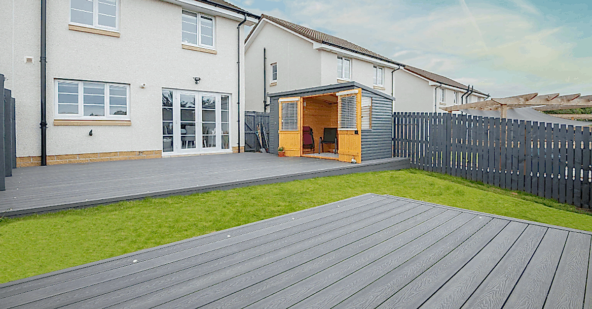 A gray composite deck adds value to a home.