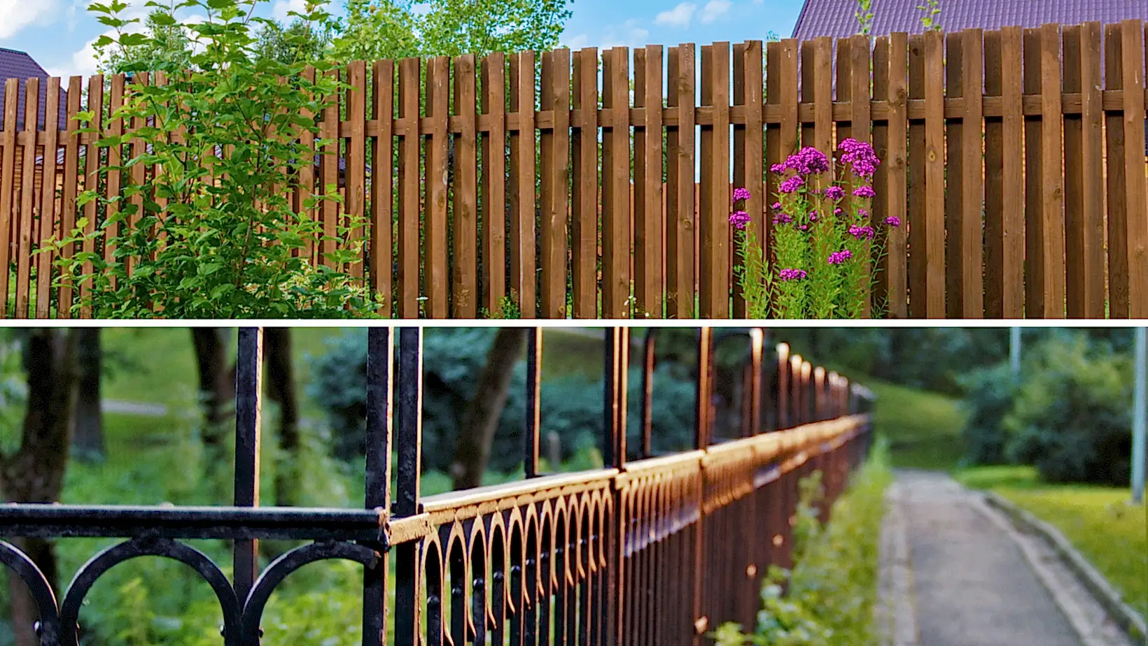 A split image showing a wooden privacy fence alongside an aluminum fence that looks like wrought iron to illustrate the concept of aluminum vs wood fencing.